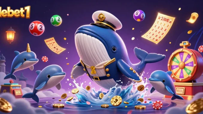 Experience the thrill of debet1 with a vibrant scene of gambling excitement featuring a whale and friends.
