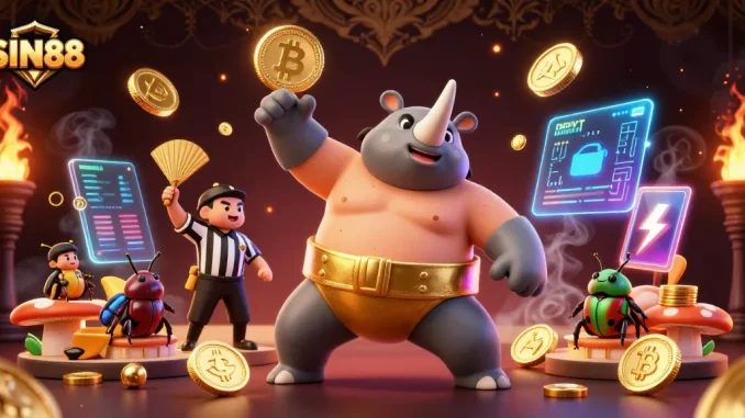 SIN88 showcases a dynamic scene with a rhinoceros beetle sumo champion amidst flying coins, illustrating cryptocurrency excitement.