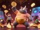 SIN88 showcases a dynamic scene with a rhinoceros beetle sumo champion amidst flying coins, illustrating cryptocurrency excitement.