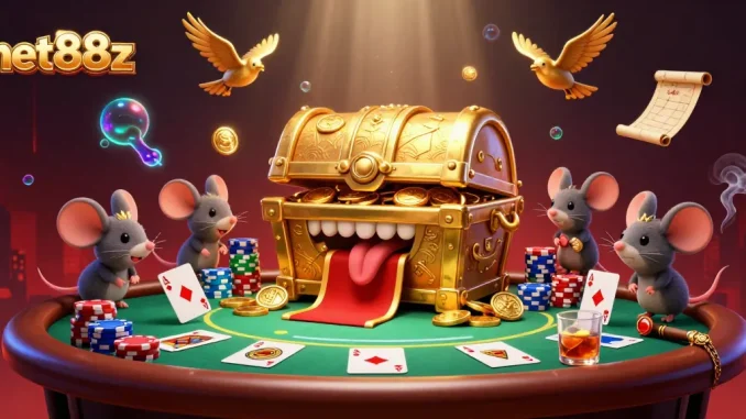 Engage with net88z in a vibrant casino scene featuring poker action and treasure-themed characters.