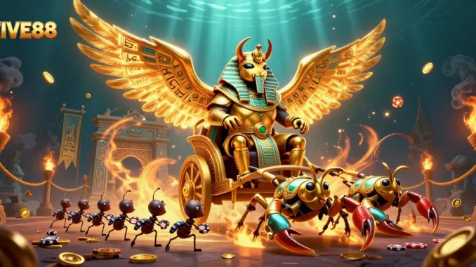 Experience thrilling bets at FIVE88 with our vibrant 3D illustration of a colossal golden scarab in a dazzling casino scene.