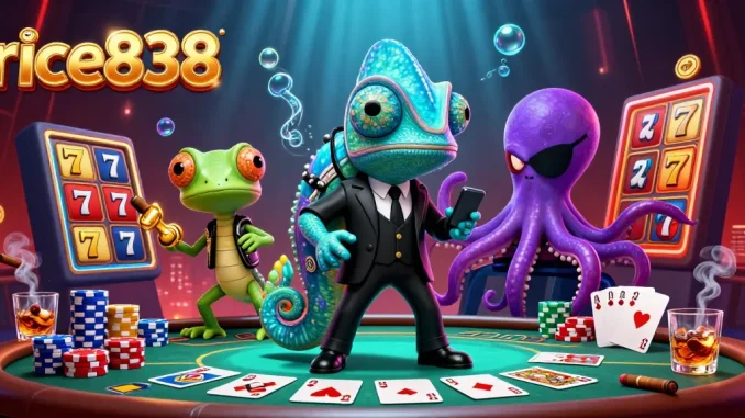 Experience thrilling slots with rice838, as the agent and companions navigate a vibrant casino atmosphere.