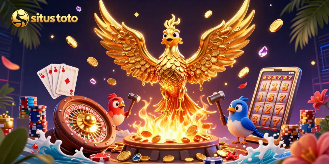 Experience exhilarating wins with situs toto, showcasing a vibrant 3D illustration of gambling elements and a phoenix.