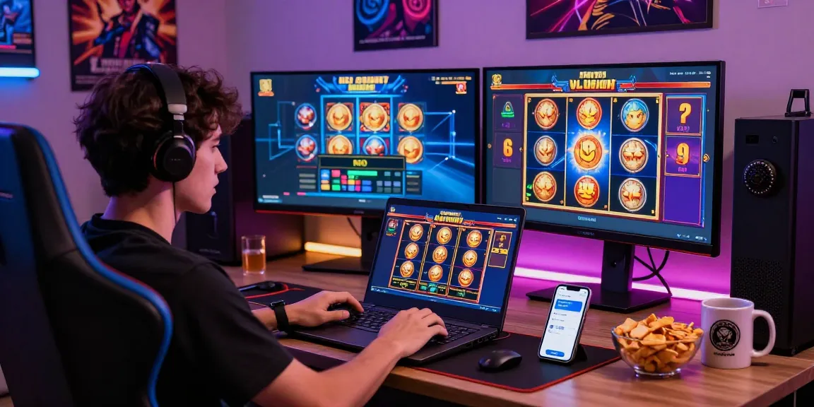 Engaging gamer enjoying bonus buy slots on a sleek laptop at home with neon lights.