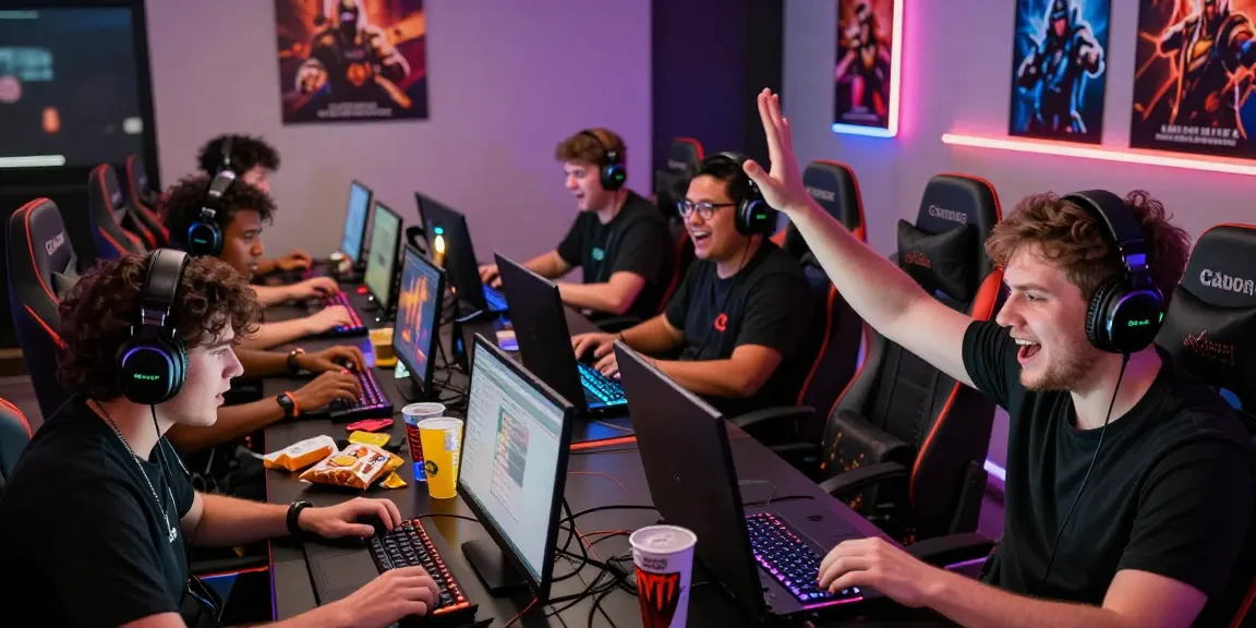 Energetic group of mahajitu online gamers enjoying a match with laptops and gaming gear.