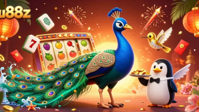 Experience thrilling wins at lu88z with a vibrant casino-themed illustration featuring a peacock and chips.