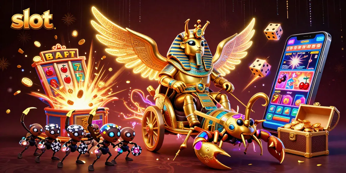 Menang jackpot slot dengan mesin slot penuh koin emas dan karakter menarik di latar belakang.