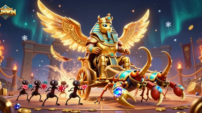 SUNWIN brings excitement with a colossal golden scarab beetle leading a chariot in an epic casino scene.