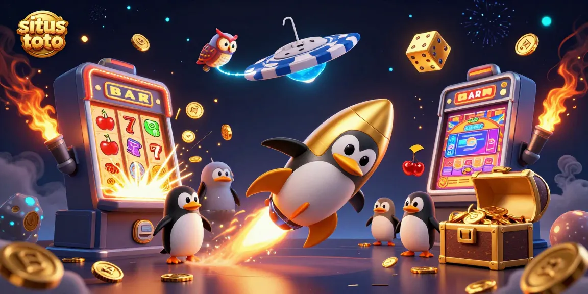 Experience the excitement of situs toto with a golden penguin soaring through a magical casino universe.