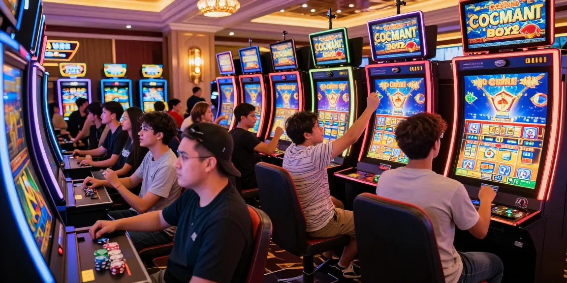 Cocomaya bonus buy slots gaming scene with excited players celebrating wins in a vibrant casino atmosphere.