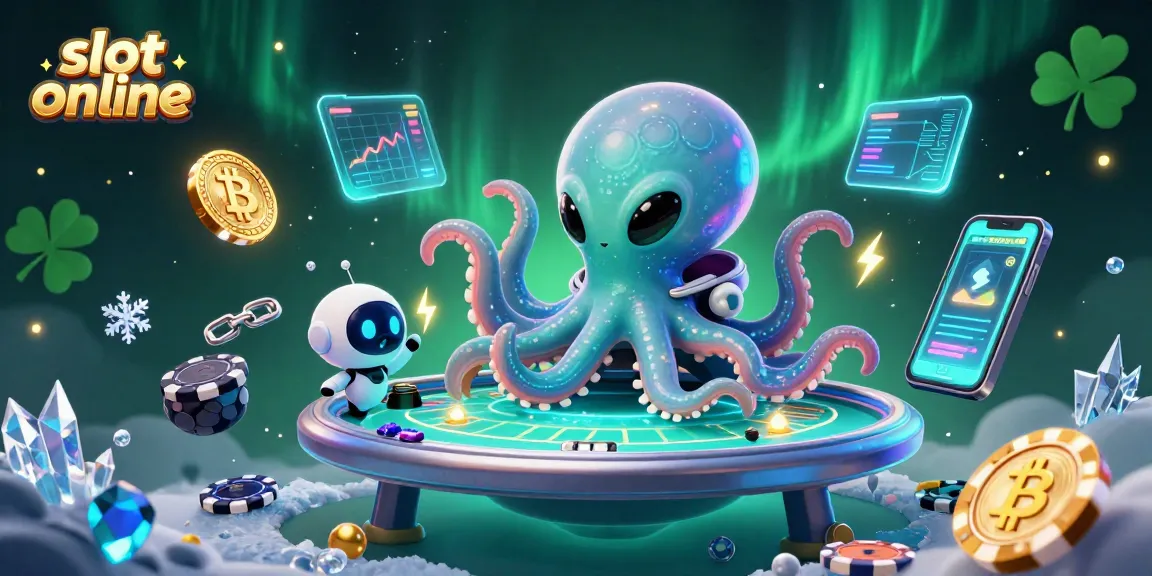 Immerse in slot online action with a 3D cartoon octopus operating a holographic poker table.