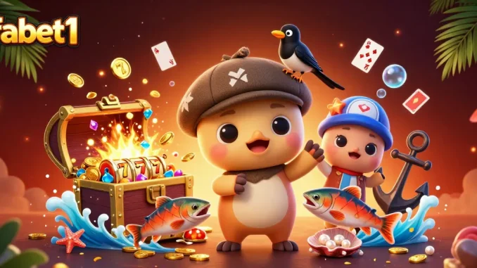 Experience thrilling gaming moments with fabet1 as cute Nessie and friends play among slot jewels.