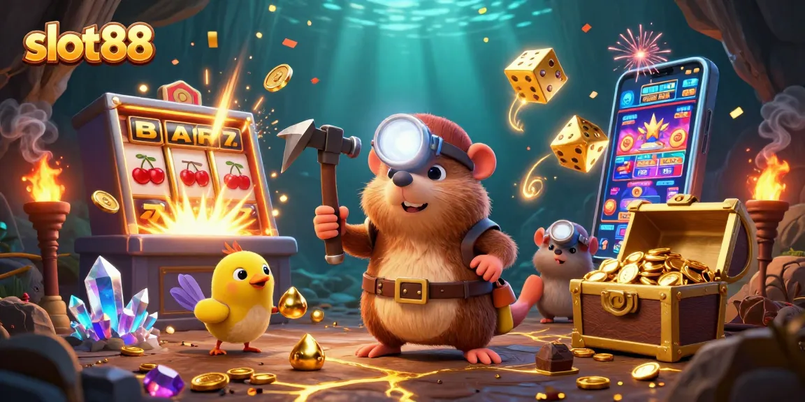 Menangkan jackpot di slot88 dengan ilustrasi 3D karakter mole berpetualang dan mesin slot penuh koin.