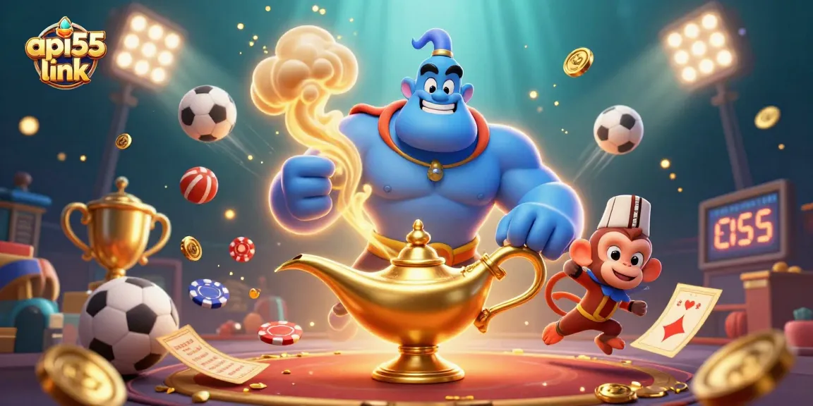 Experience the excitement of api55 link with vibrant symbols, a genie, and dynamic casino elements.