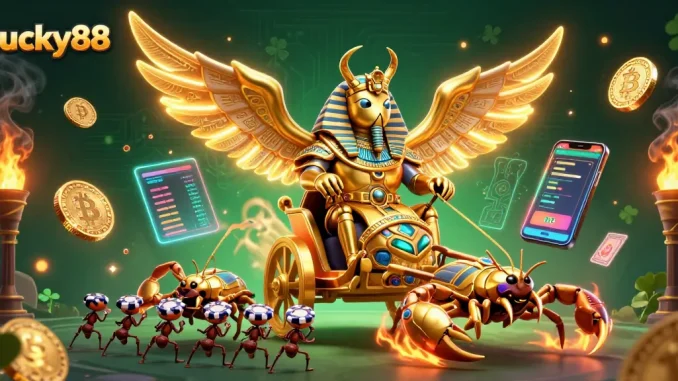 Engage in the thrilling Lucky88 casino experience with dynamic golden scarabs and crypto elements.