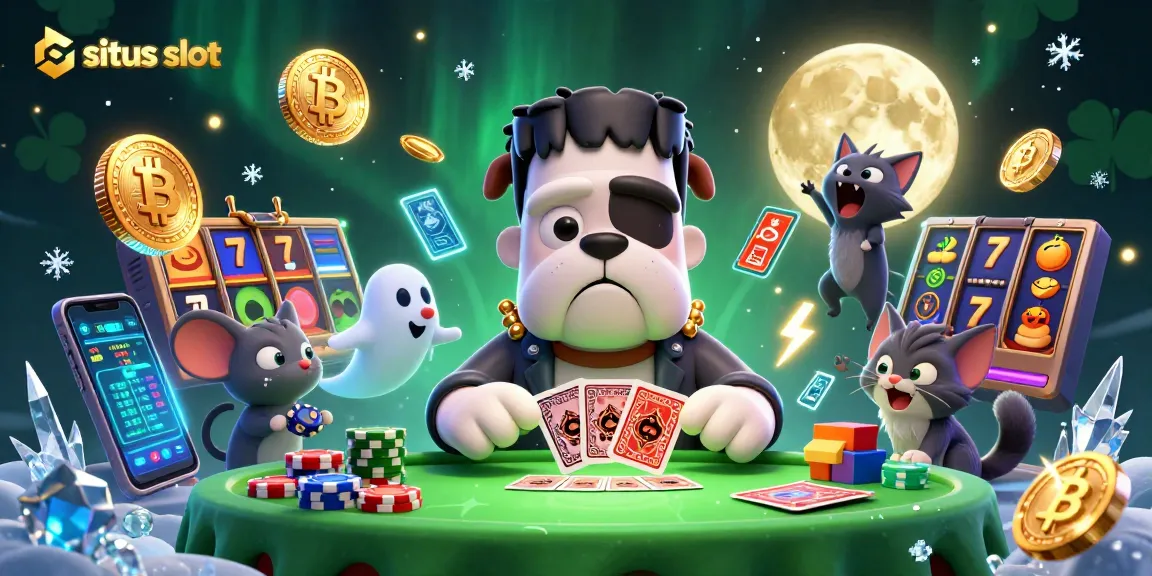 Situs slot vibrant scene featuring a 3D bulldog monster dealing cards at a casino table surrounded by vibrant slot elements.