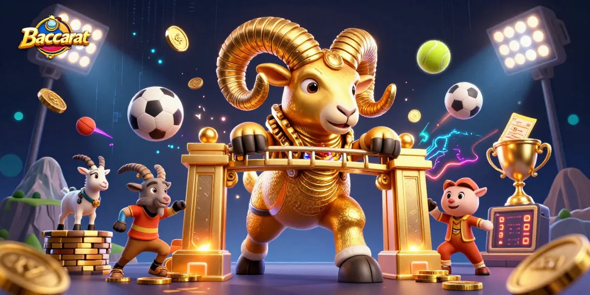 Baccarat players and a golden ram symbolize excitement, showcasing live casino action and dynamic sports elements.