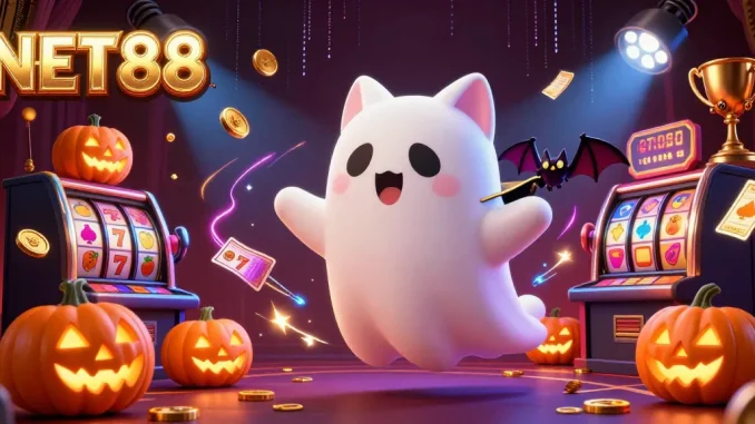 Engage with NET88 in a vibrant scene, featuring a ghost cat and casino elements for thrilling gameplay.