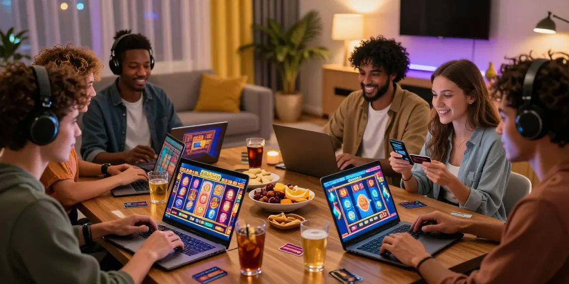 Exciting online gaming atmosphere depicting friends enjoying credit card casinos with laptops and snacks.