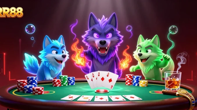Engage with RR88's thrilling poker excitement led by spectral wolves in a vibrant casino illustration.