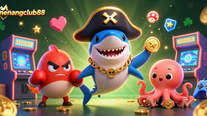 Play exciting games at menangclub88 featuring a cartoon pirate shark, pufferfish, and octopus in a vibrant casino scene